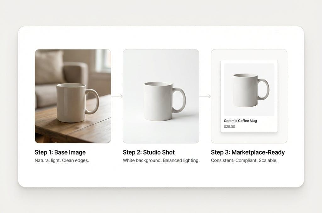 Step-by-step AI background removal workflow for a product photo