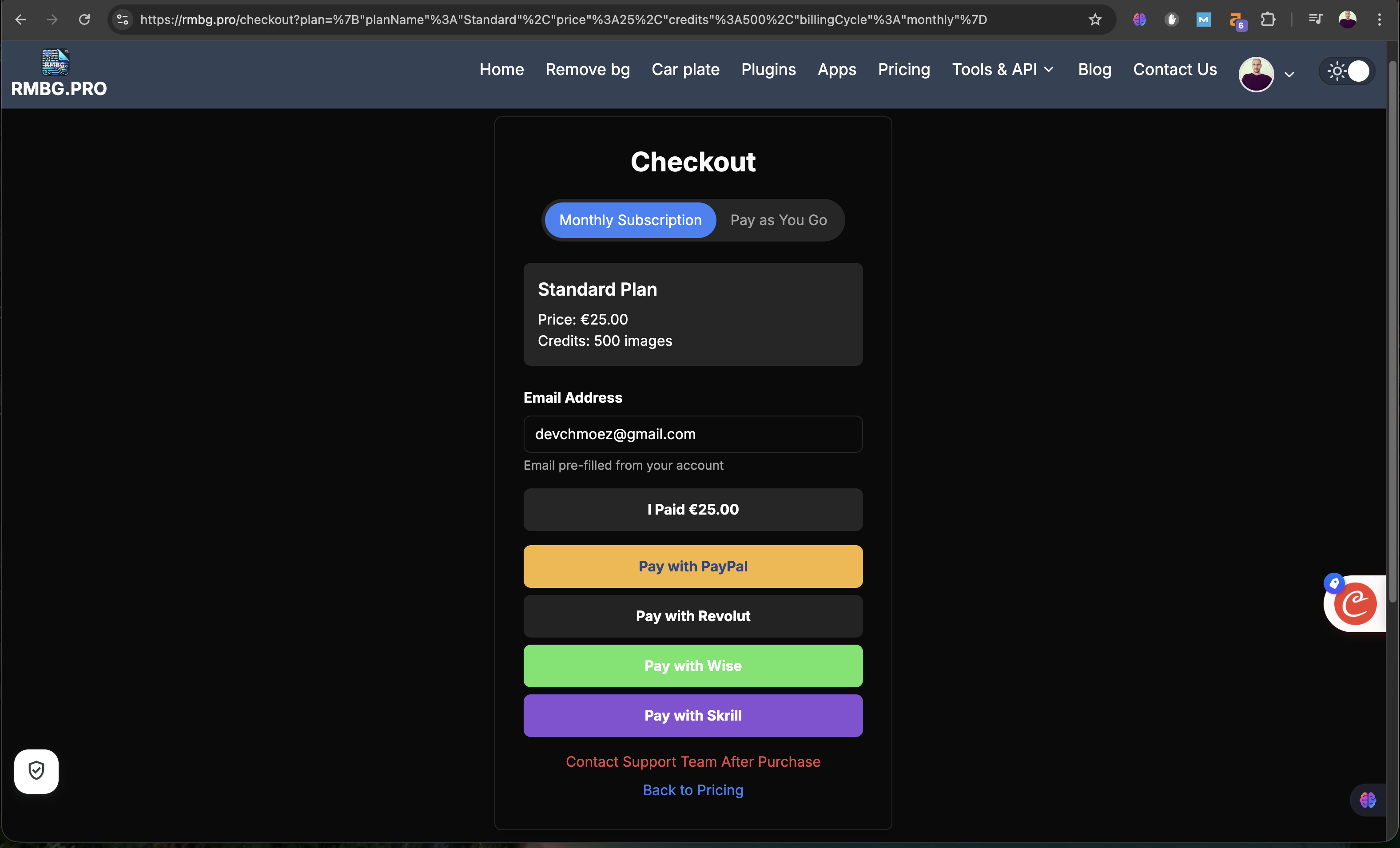 Checkout page with plan preselected