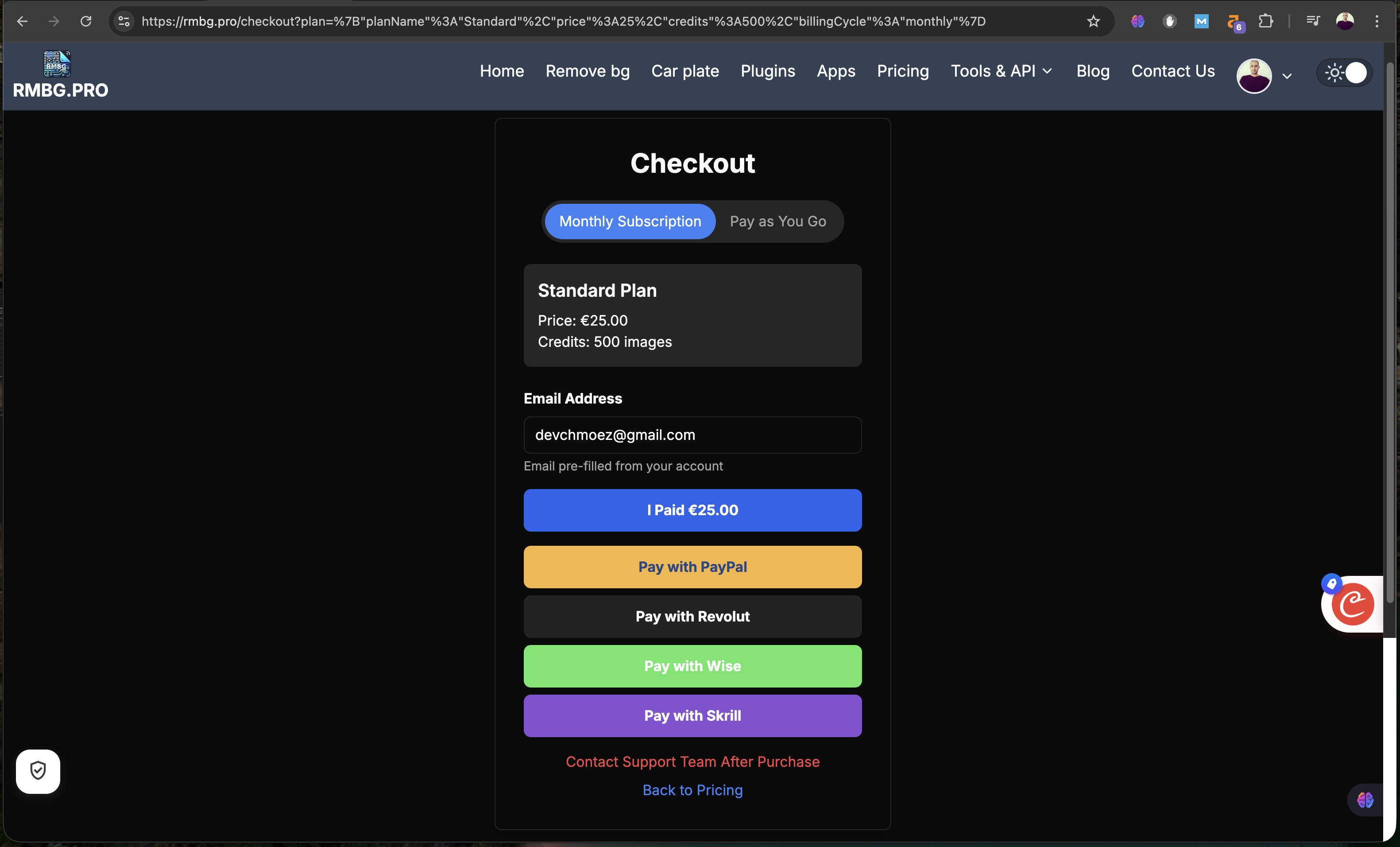 Payment confirmation and I paid button